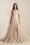 Beach Pleated Tulle Off-The-Shoulder A-Line Wedding Dresses With Slit - Curvevia