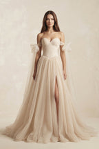 Beach Pleated Tulle Off-The-Shoulder A-Line Wedding Dresses With Slit - Curvevia