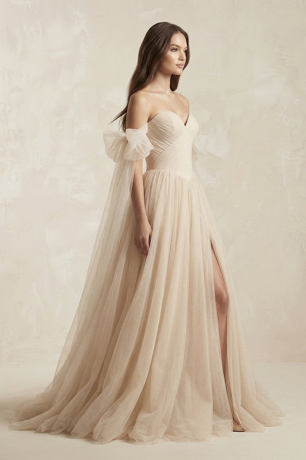 Beach Pleated Tulle Off-The-Shoulder A-Line Wedding Dresses With Slit - Curvevia