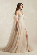 Beach Pleated Tulle Off-The-Shoulder A-Line Wedding Dresses With Slit - Curvevia