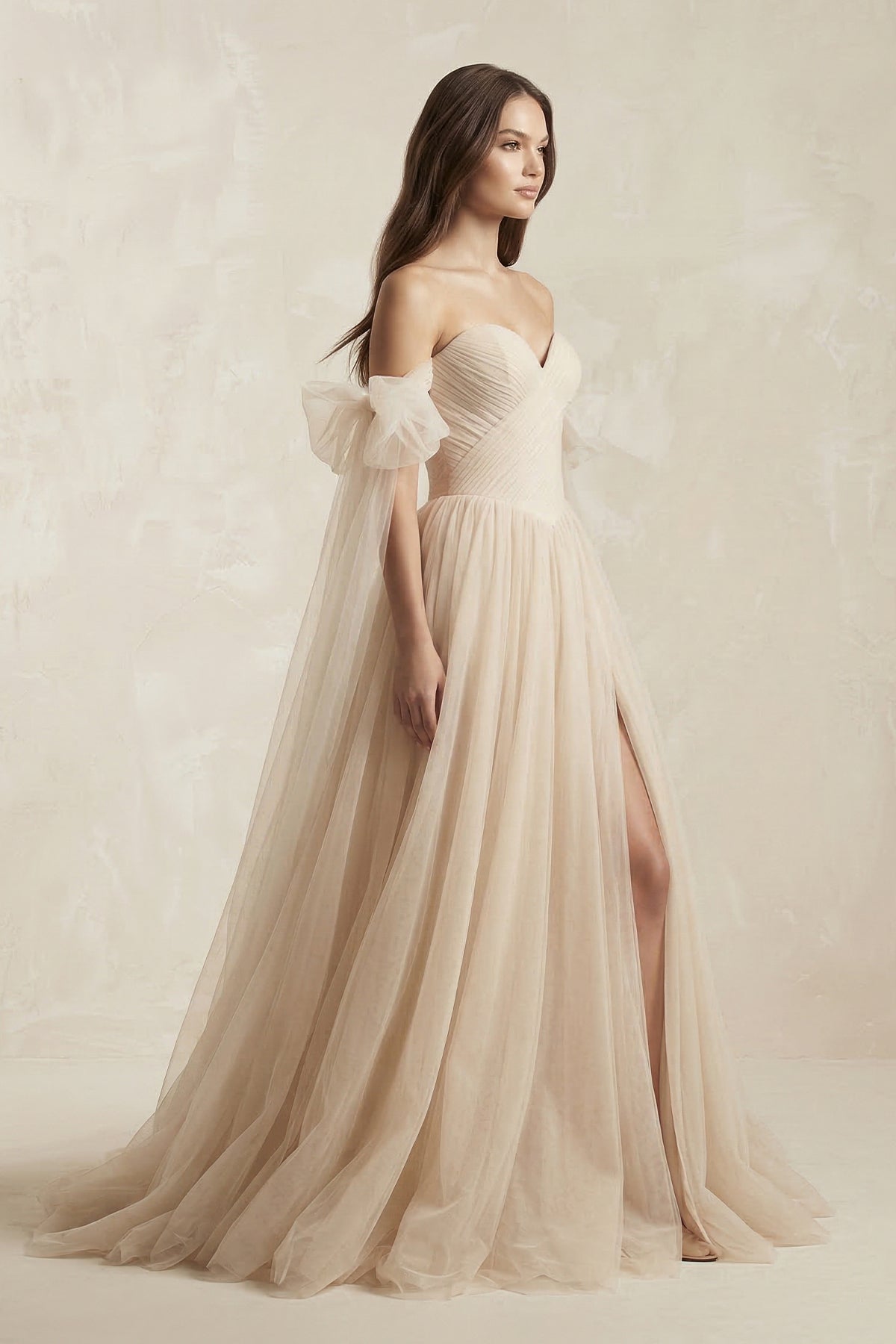 Beach Pleated Tulle Off-The-Shoulder A-Line Wedding Dresses With Slit - Curvevia