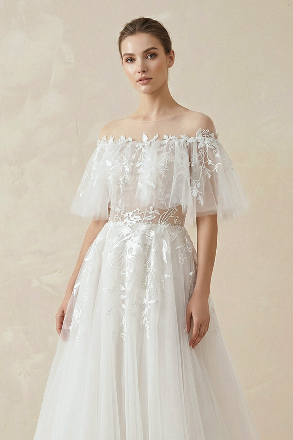Off-the-Shoulder Tulle A-Line Wedding Dress with Appliques - Curvevia