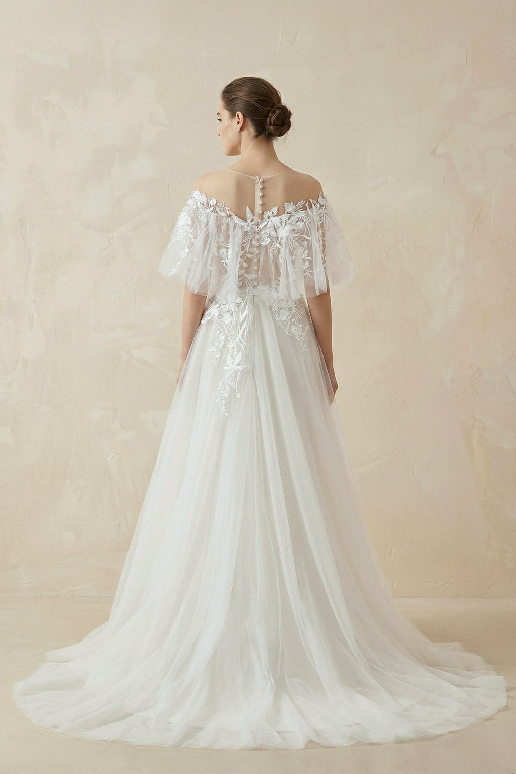 Off-the-Shoulder Tulle A-Line Wedding Dress with Appliques - Curvevia