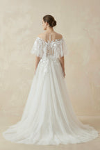 Off-the-Shoulder Tulle A-Line Wedding Dress with Appliques - Curvevia