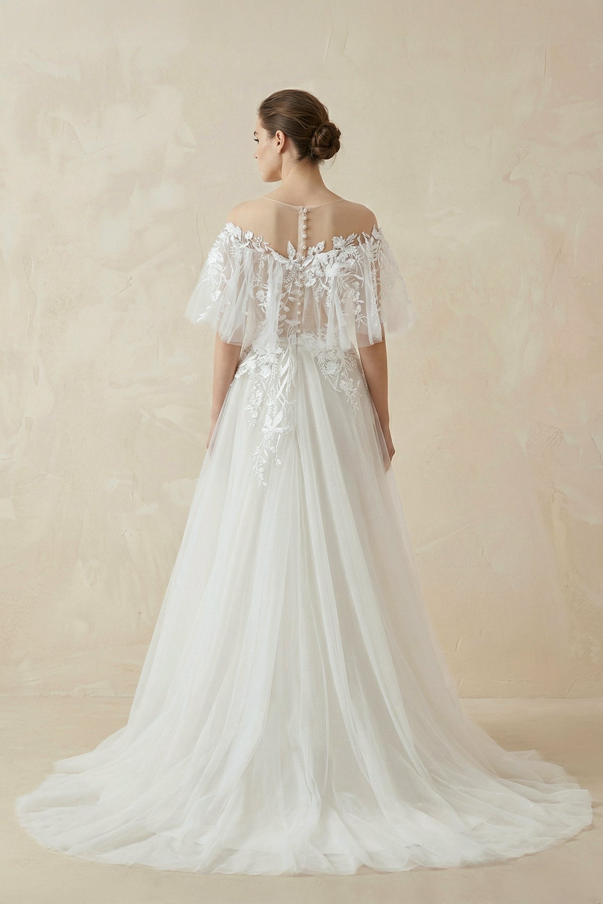 Off-the-Shoulder Tulle A-Line Wedding Dress with Appliques - Curvevia