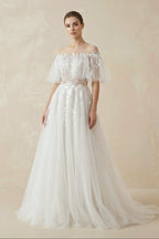 Off-the-Shoulder Tulle A-Line Wedding Dress with Appliques - Curvevia