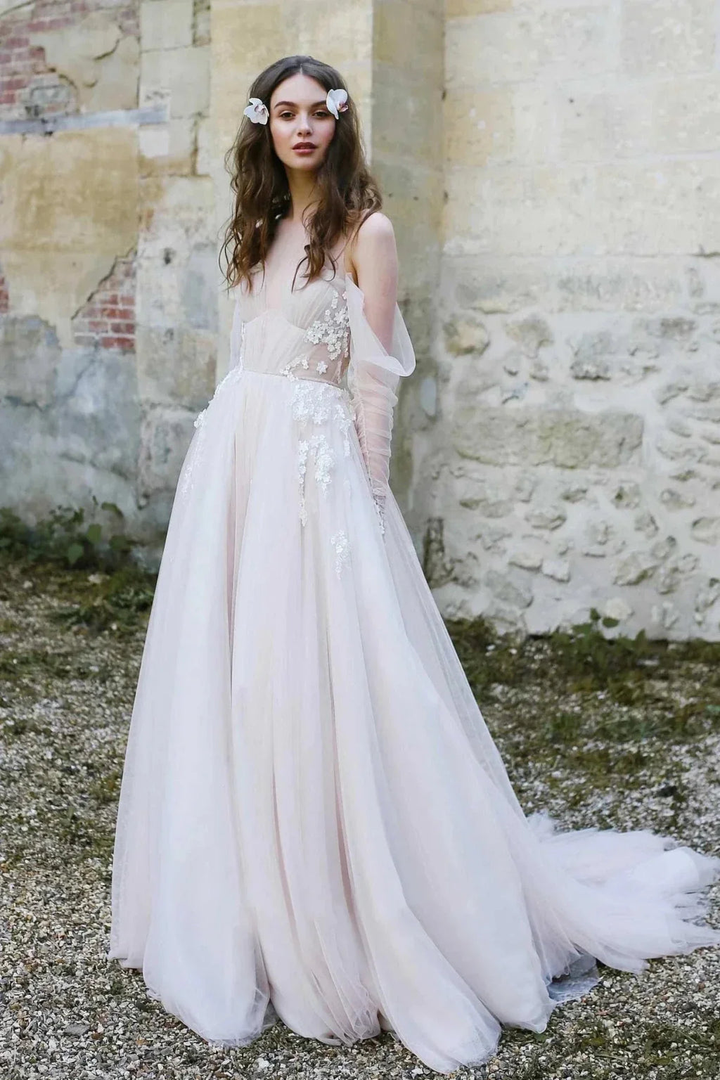 Illusion Off-the-Shoulder Tulle Sweep Train Flower Appliqued Wedding Dresses - Curvevia