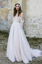 Illusion Off-the-Shoulder Tulle Sweep Train Flower Appliqued Wedding Dresses - Curvevia