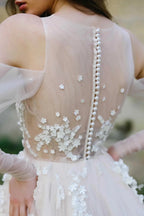 Illusion Off-the-Shoulder Tulle Sweep Train Flower Appliqued Wedding Dresses - Curvevia