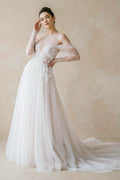 Illusion Off-the-Shoulder Tulle Sweep Train Flower Appliqued Wedding Dresses - Curvevia