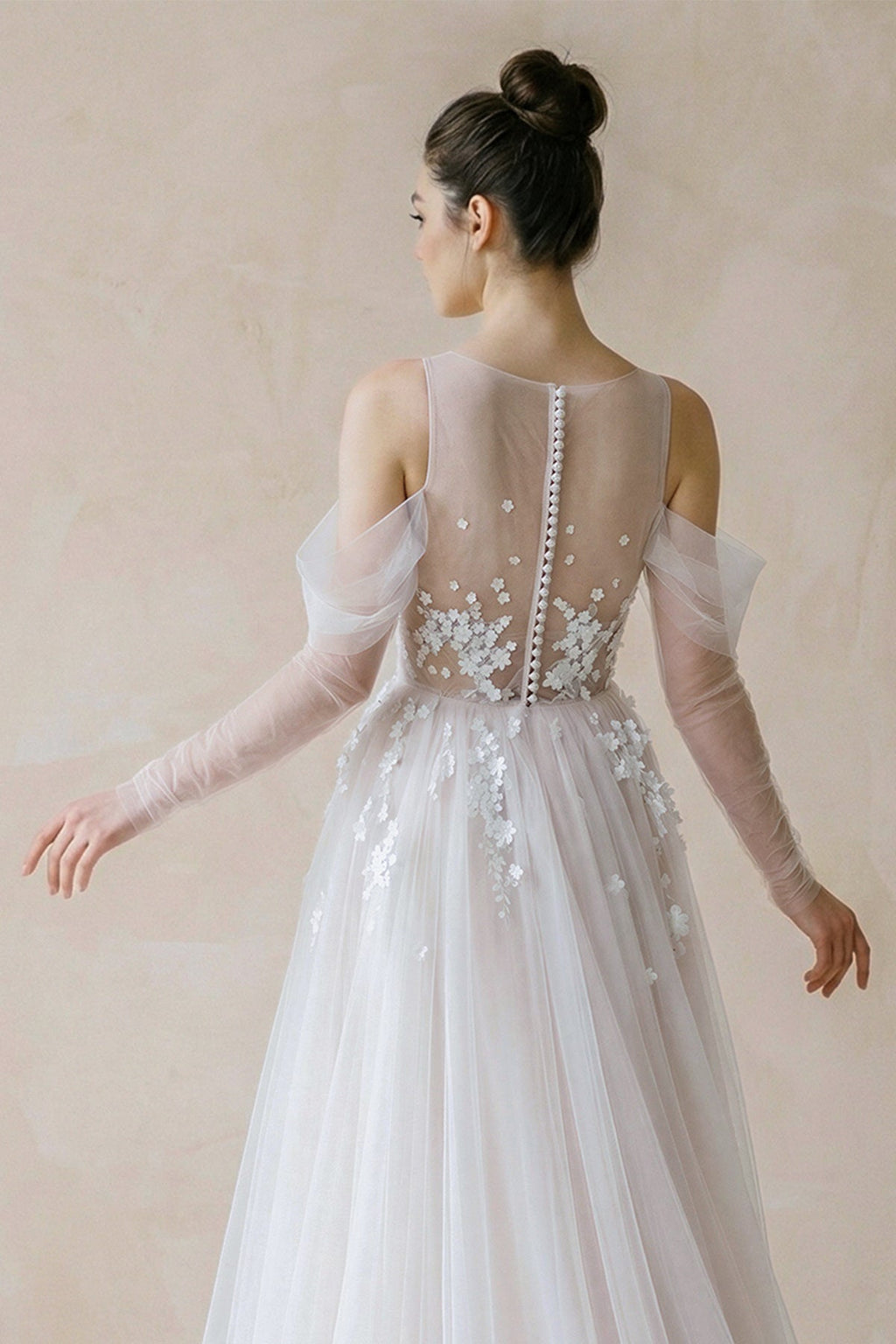 Illusion Off-the-Shoulder Tulle Sweep Train Flower Appliqued Wedding Dresses - Curvevia