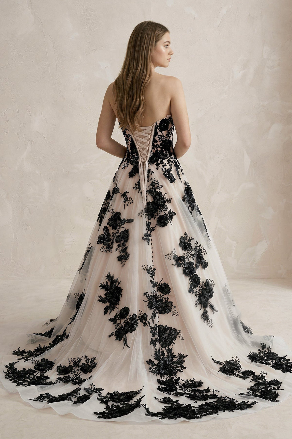 Off the Shoulder Tulle Long Wedding Dress with Black Appliques - Curvevia