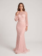 Blushing Pink Beaded Tulle column Scoop Neck Illusion Floor-Length Dress with Balloon Sleeves - Curvevia