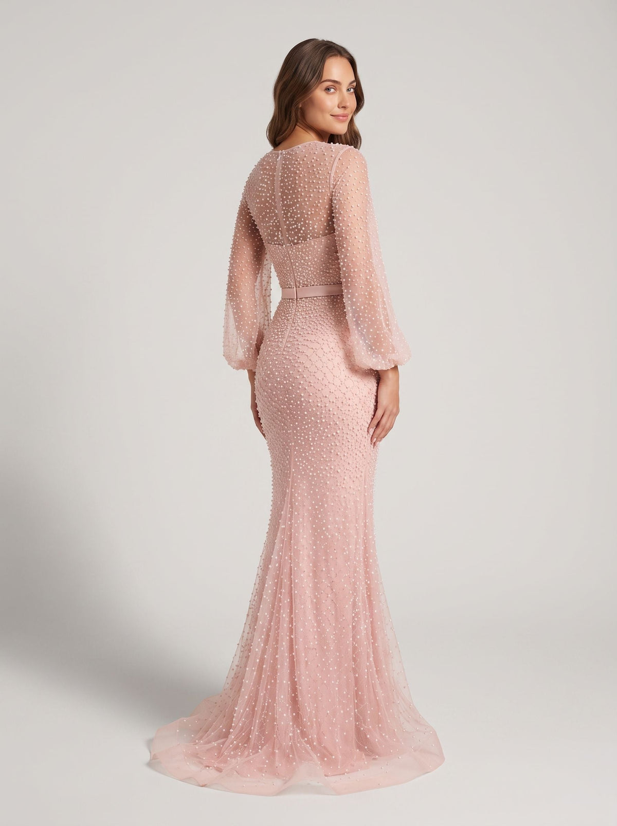 Blushing Pink Beaded Tulle column Scoop Neck Illusion Floor-Length Dress with Balloon Sleeves - Curvevia