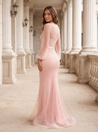 Blushing Pink Beaded Tulle column Scoop Neck Illusion Floor-Length Dress with Balloon Sleeves - Curvevia