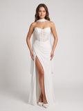 White Chiffon Sheath Straight Neck Lace-up Floor-Length Dress with Corset and Slit - Curvevia
