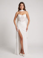 White Chiffon Sheath Straight Neck Lace-up Floor-Length Dress with Corset and Slit - Curvevia