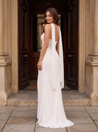 White Chiffon Sheath Straight Neck Lace-up Floor-Length Dress with Corset and Slit - Curvevia