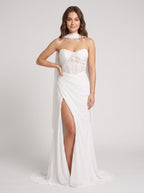 White Chiffon Sheath Straight Neck Lace-up Floor-Length Dress with Corset and Slit - Curvevia