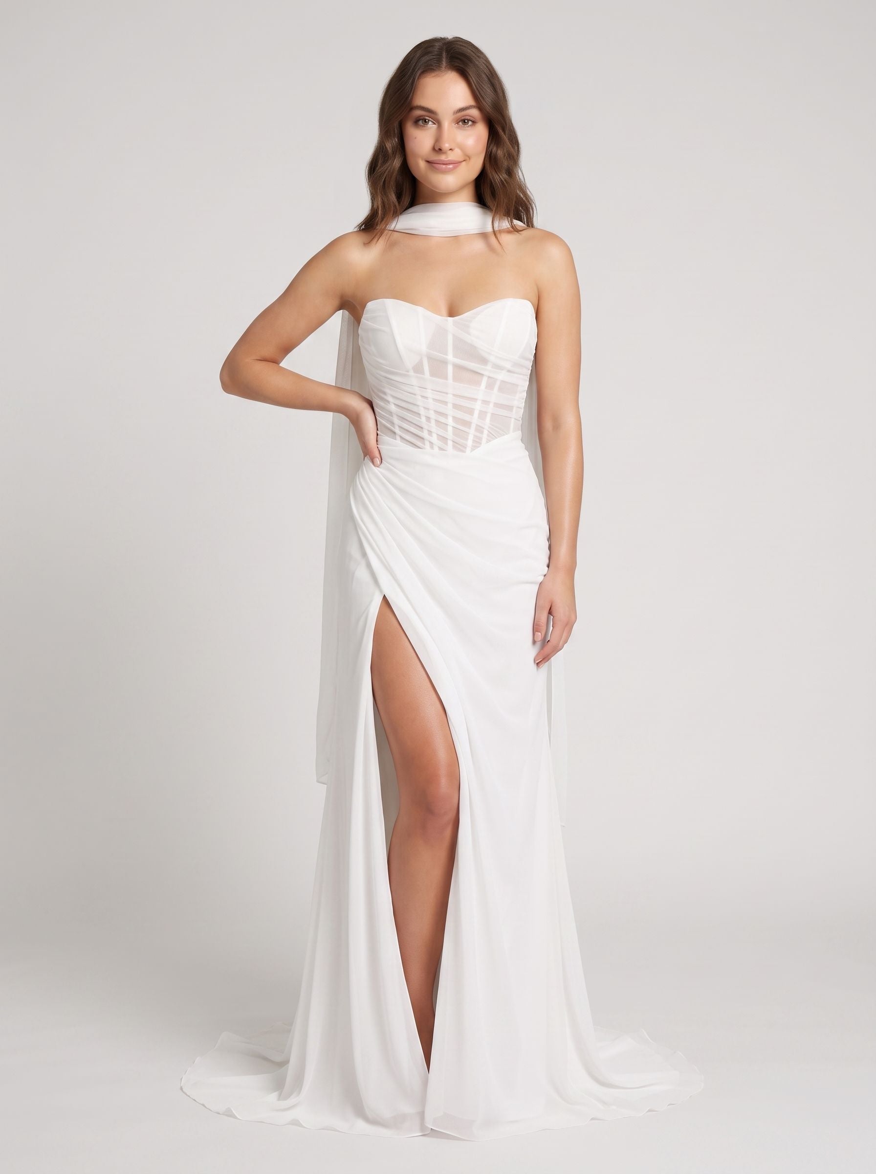 White Chiffon Sheath Straight Neck Lace-up Floor-Length Dress with Corset and Slit - Curvevia