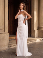 White Chiffon Sheath Straight Neck Lace-up Floor-Length Dress with Corset and Slit - Curvevia