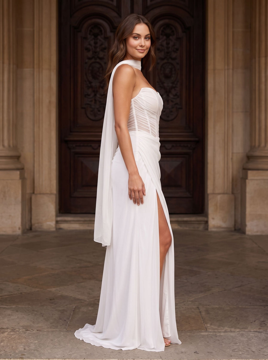 White Chiffon Sheath Straight Neck Lace-up Floor-Length Dress with Corset and Slit - Curvevia
