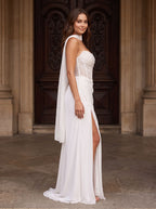 White Chiffon Sheath Straight Neck Lace-up Floor-Length Dress with Corset and Slit - Curvevia