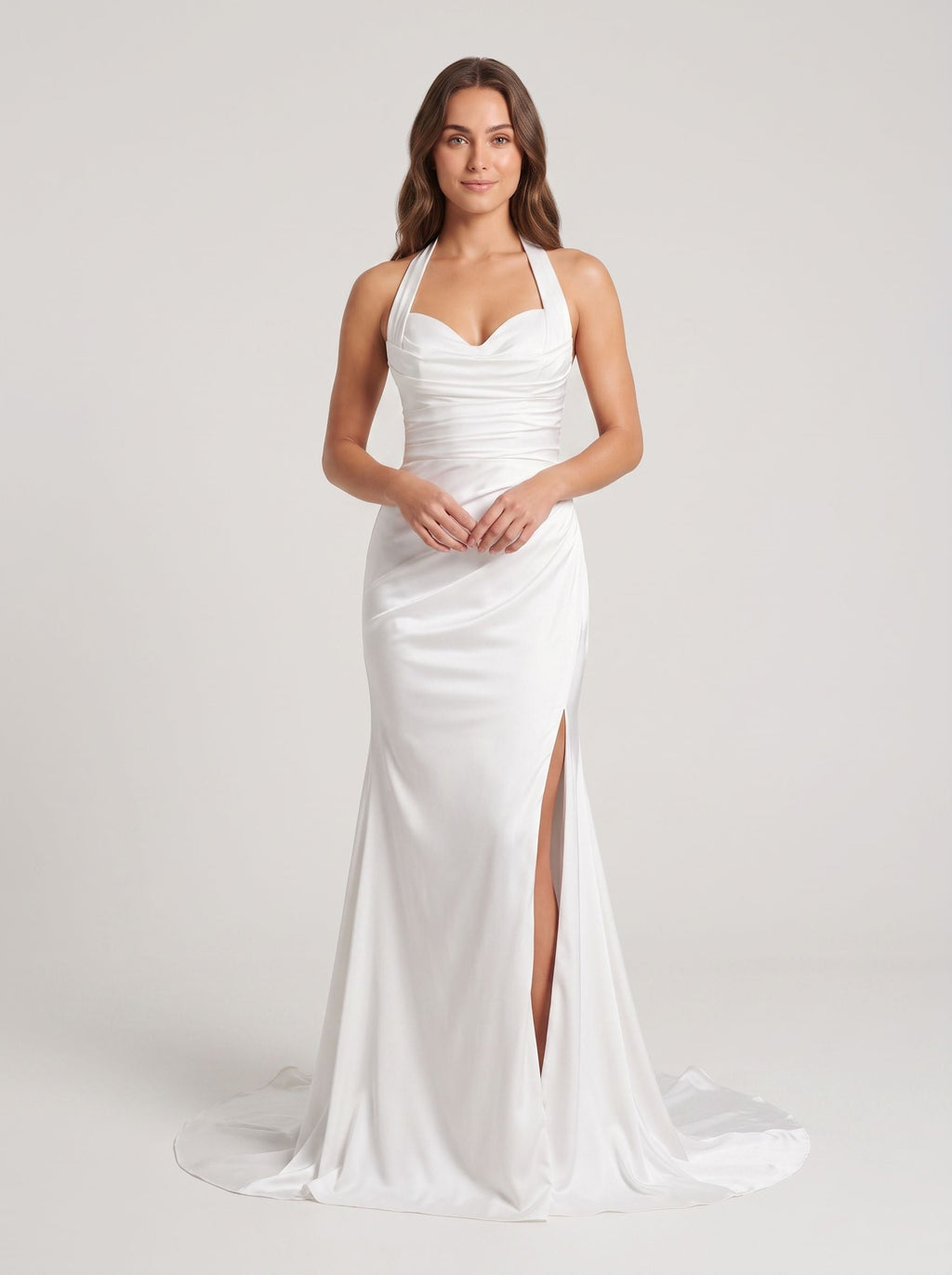 White Crepe Sheath Halter neckline Backless Floor-Length Dress with Ruched Bodice - Curvevia