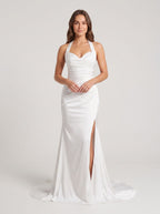 White Crepe Sheath Halter neckline Backless Floor-Length Dress with Ruched Bodice - Curvevia