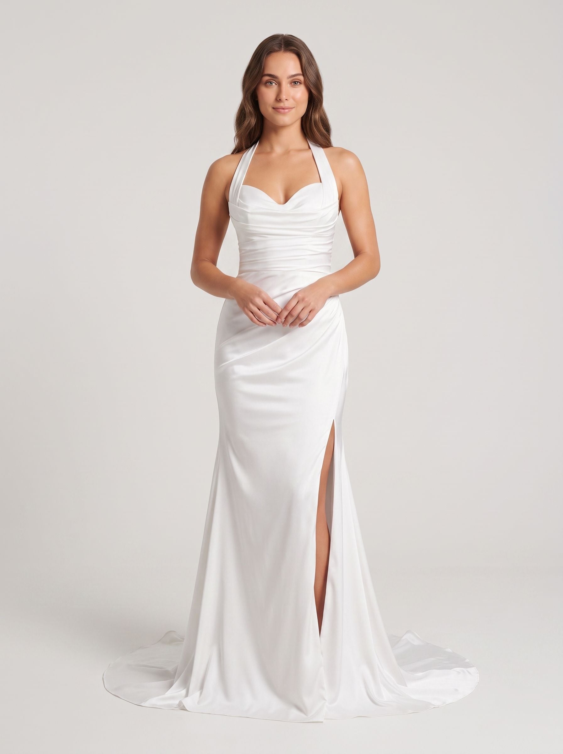 White Crepe Sheath Halter neckline Backless Floor-Length Dress with Ruched Bodice - Curvevia