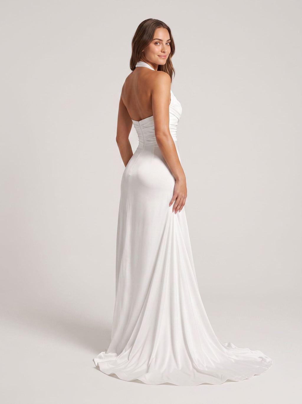 White Crepe Sheath Halter neckline Backless Floor-Length Dress with Ruched Bodice - Curvevia