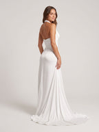 White Crepe Sheath Halter neckline Backless Floor-Length Dress with Ruched Bodice - Curvevia