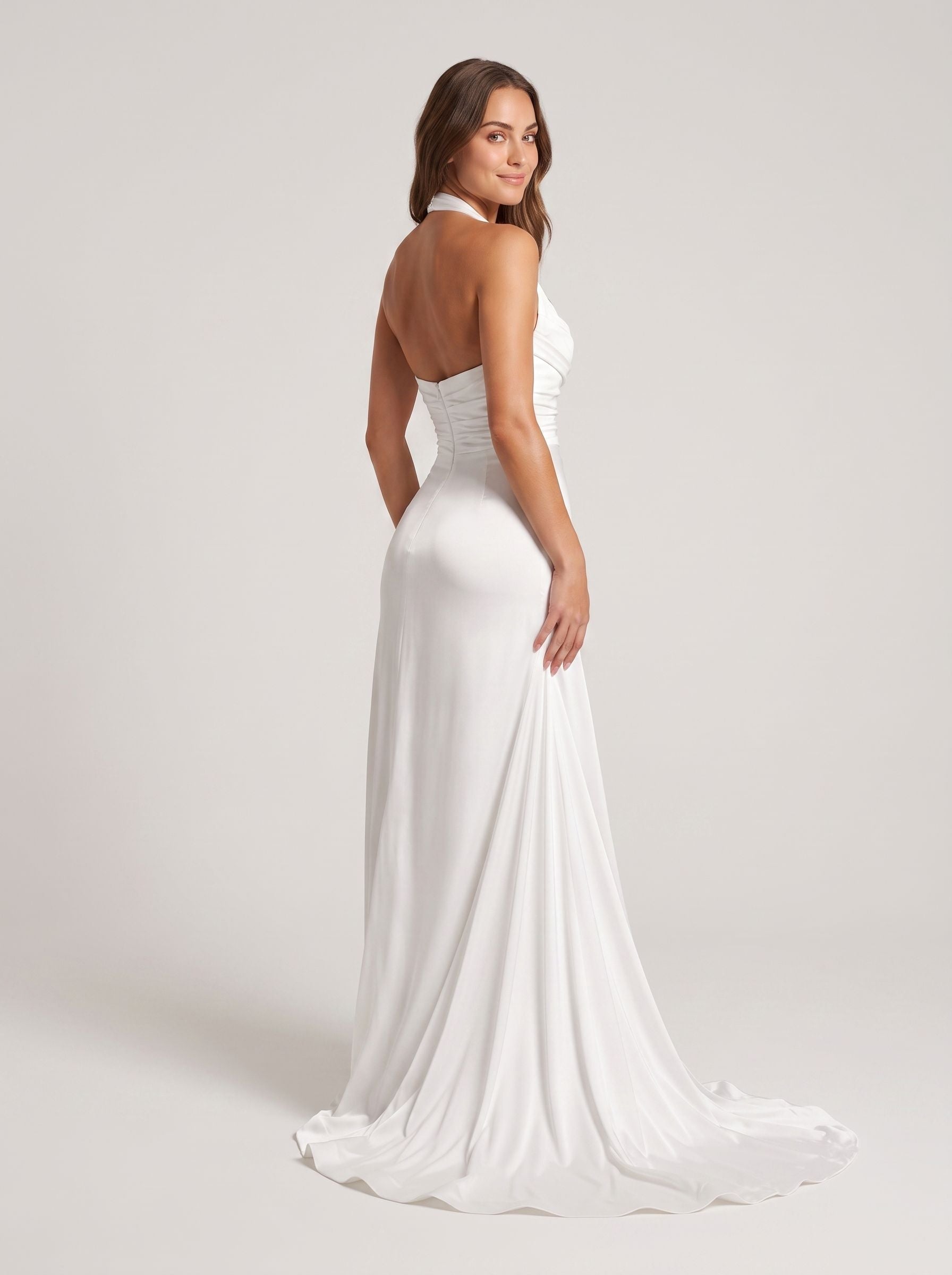 White Crepe Sheath Halter neckline Backless Floor-Length Dress with Ruched Bodice - Curvevia