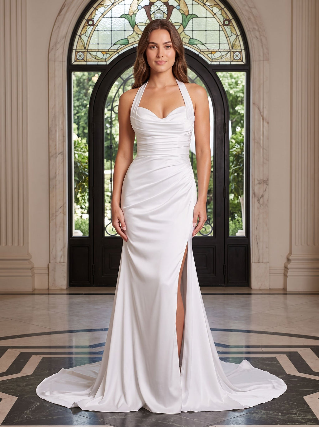 White Crepe Sheath Halter neckline Backless Floor-Length Dress with Ruched Bodice - Curvevia