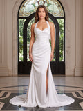 White Crepe Sheath Halter neckline Backless Floor-Length Dress with Ruched Bodice - Curvevia