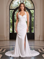White Crepe Sheath Halter neckline Backless Floor-Length Dress with Ruched Bodice - Curvevia