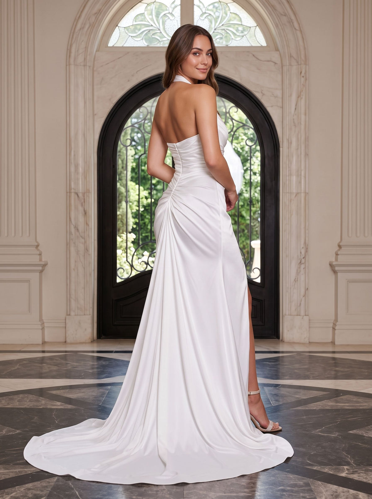 White Crepe Sheath Halter neckline Backless Floor-Length Dress with Ruched Bodice - Curvevia