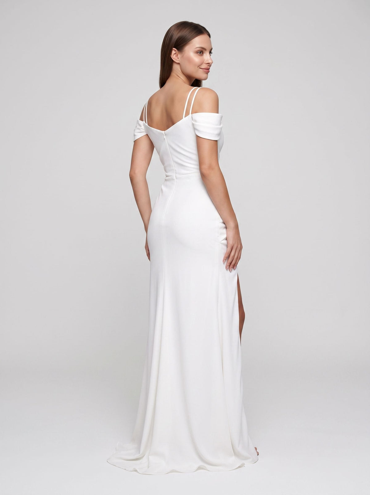 White Stretch Knit column Sweetheart Back Zip Floor-Length Dress with Cold-shoulder Side Slit - Curvevia