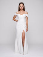 White Stretch Knit column Sweetheart Back Zip Floor-Length Dress with Cold-shoulder Side Slit - Curvevia