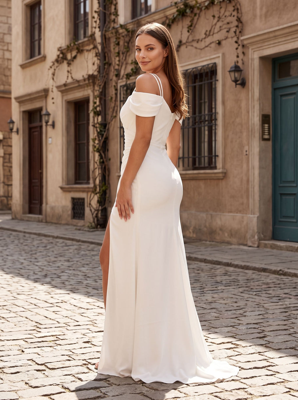 White Stretch Knit column Sweetheart Back Zip Floor-Length Dress with Cold-shoulder Side Slit - Curvevia