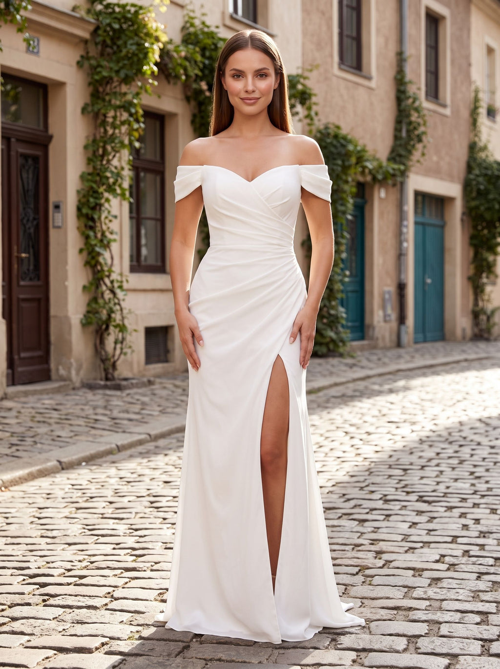 White Stretch Knit column Sweetheart Back Zip Floor-Length Dress with Cold-shoulder Side Slit - Curvevia