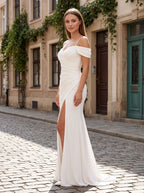 White Stretch Knit column Sweetheart Back Zip Floor-Length Dress with Cold-shoulder Side Slit - Curvevia