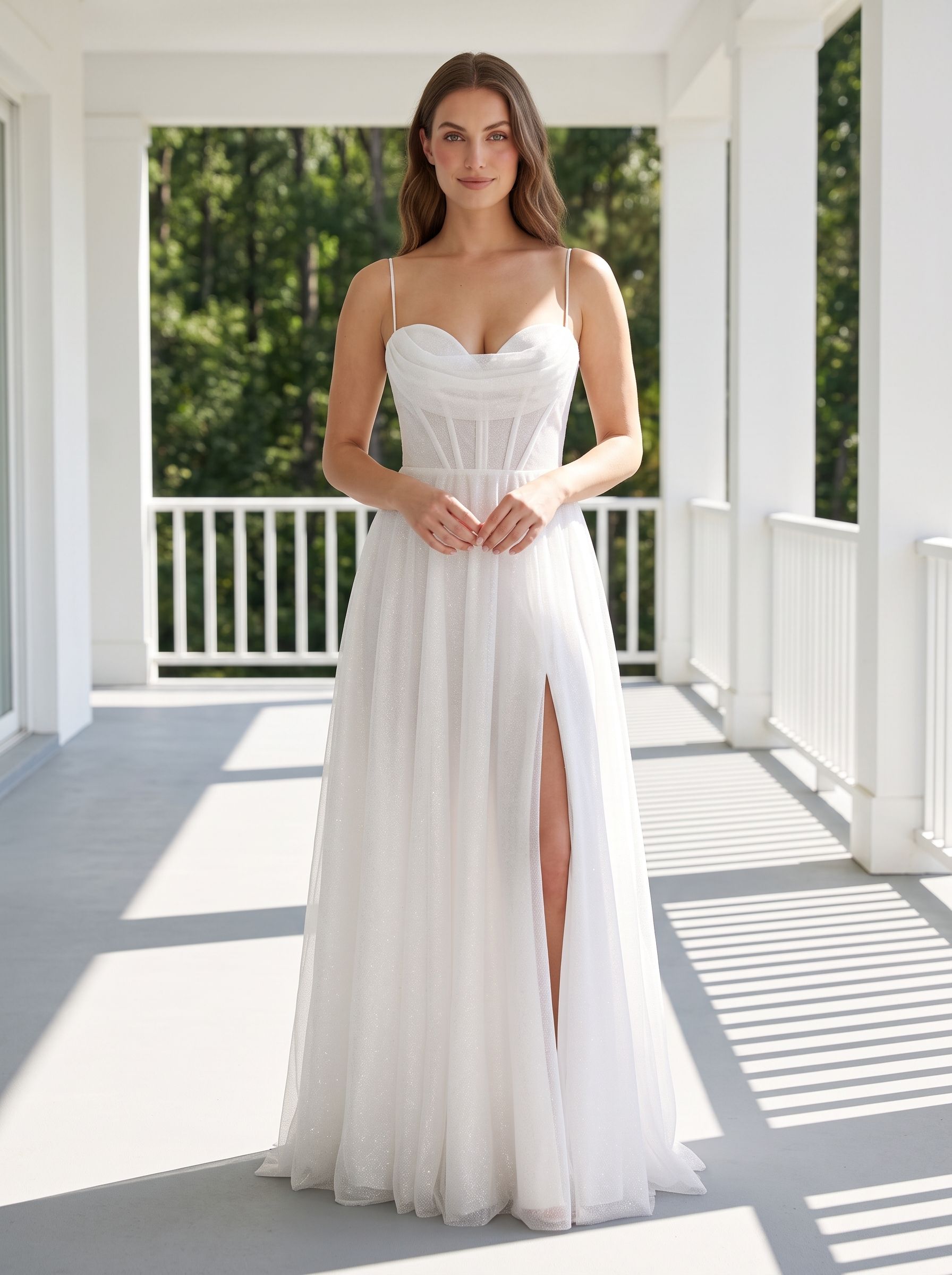 White Tulle A-Line Sweetheart Corset Back Floor-Length Dress with Side Slit - Curvevia