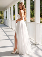White Tulle A-Line Sweetheart Corset Back Floor-Length Dress with Side Slit - Curvevia