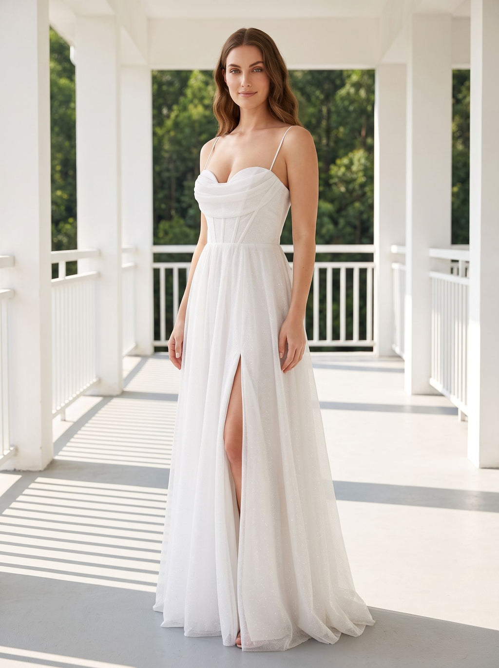 White Tulle A-Line Sweetheart Corset Back Floor-Length Dress with Side Slit - Curvevia