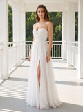 White Tulle A-Line Sweetheart Corset Back Floor-Length Dress with Side Slit - Curvevia
