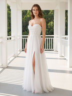 White Tulle A-Line Sweetheart Corset Back Floor-Length Dress with Side Slit - Curvevia