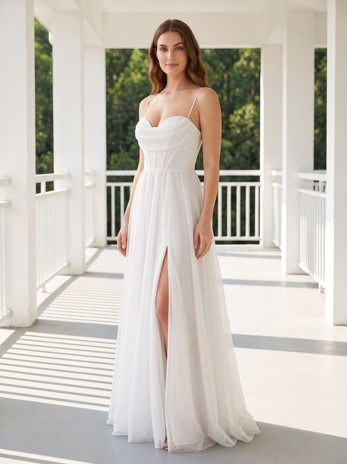 White Tulle A-Line Sweetheart Corset Back Floor-Length Dress with Side Slit - Curvevia