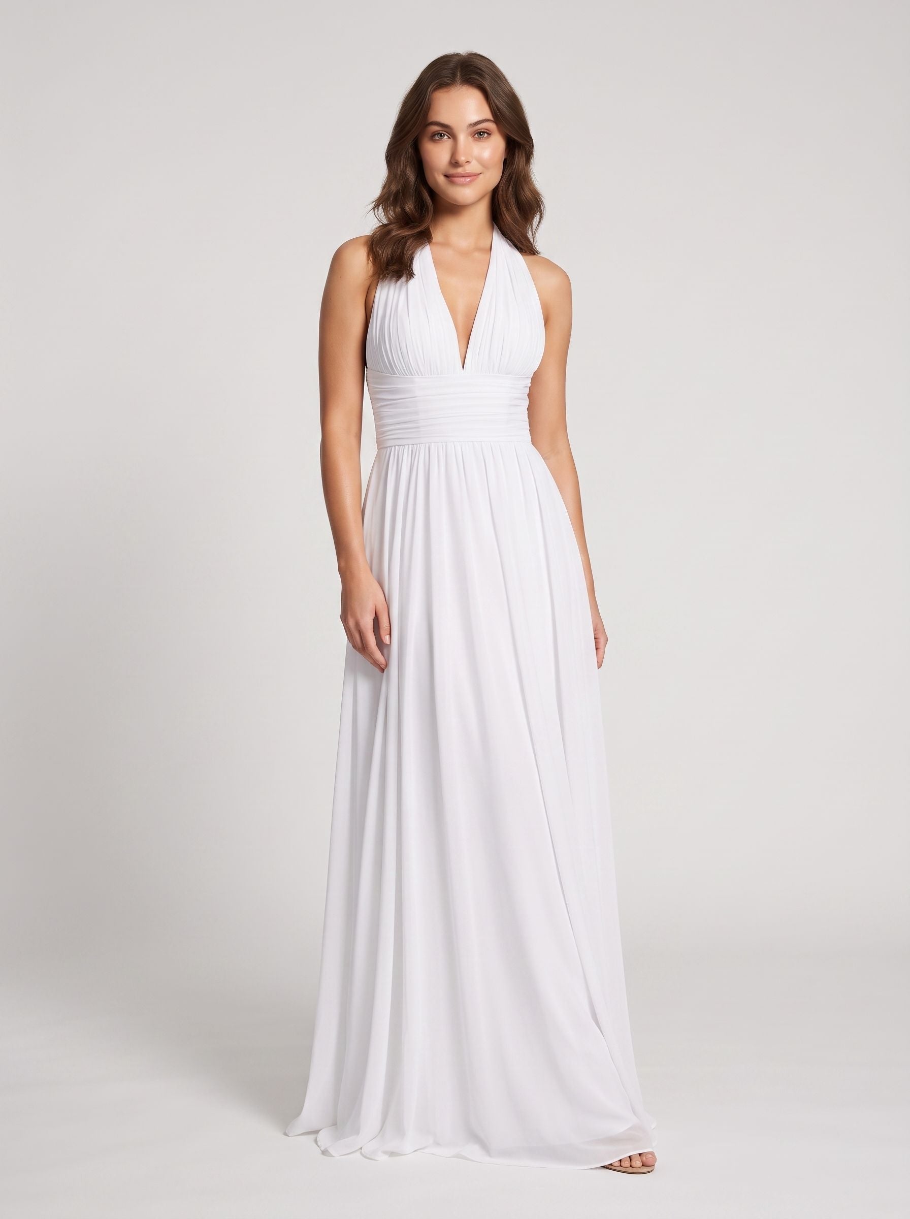 White Chiffon A-Line Halter neckline Bow Floor-Length Dress with Banded Waist - Curvevia