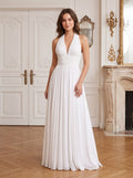 White Chiffon A-Line Halter neckline Bow Floor-Length Dress with Banded Waist - Curvevia
